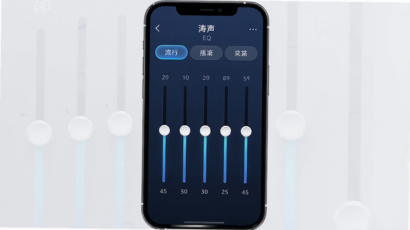 ����Ϊ�ֻ����ý��棬��ʾ��������APP��EQ����ҳ�棬�м��Ƕ��������������Ϸ���Ԥ�谴ť�硰���С�����ҡ������������ɫΪ����ɫ�����������ʾ�����ֶԳƣ�����Լ�ִ���ϸ�ھ��£�����4k���ɾ����޶���Ԫ��