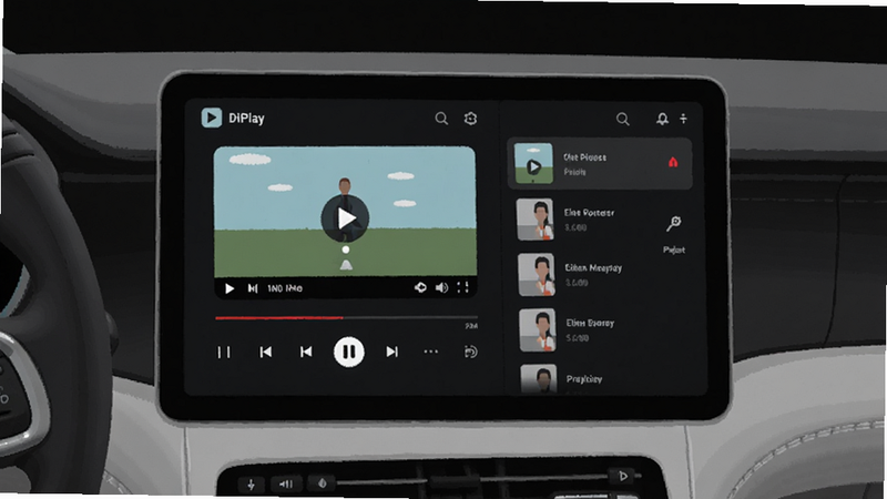 DiPlay app interface on car dashboard, minimalist design, dark mode UI showing video player controls and playlist sidebar, clean modern aesthetic, high quality digital illustration, no extra elements