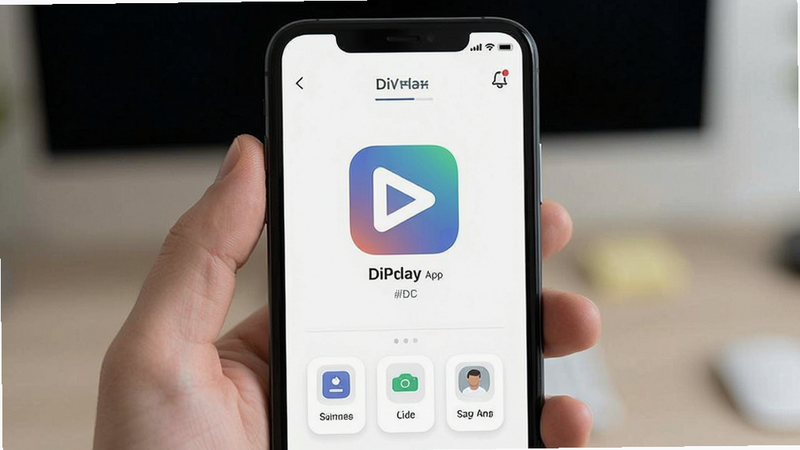 DiPlay app user interface, flat design, minimalistic icons, no ads visible, focus on clarity and usability, modern UI design