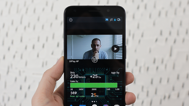 DiPlay app screenshot showing smooth video playback on a low-end Android device, focus on performance metrics and codec efficiency, tech style, clean background
