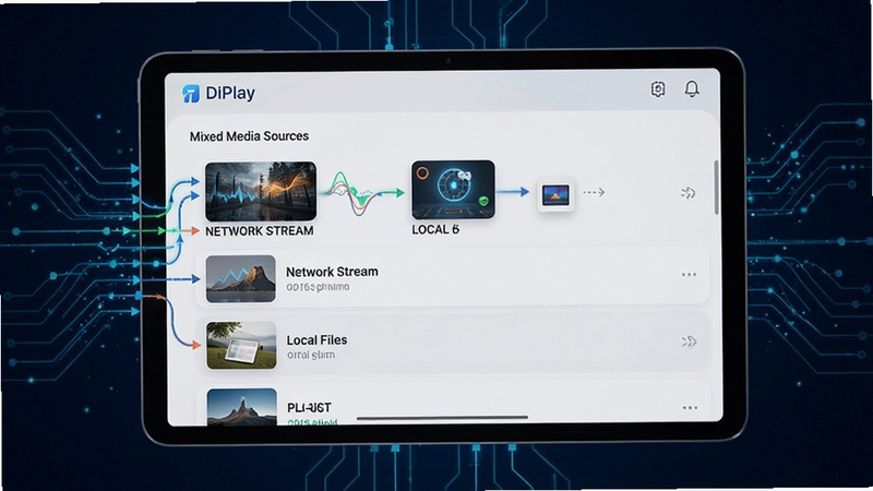 DiPlay app showing mixed media sources, network stream and local files in playlist, visual representation of data flow, tech illustration