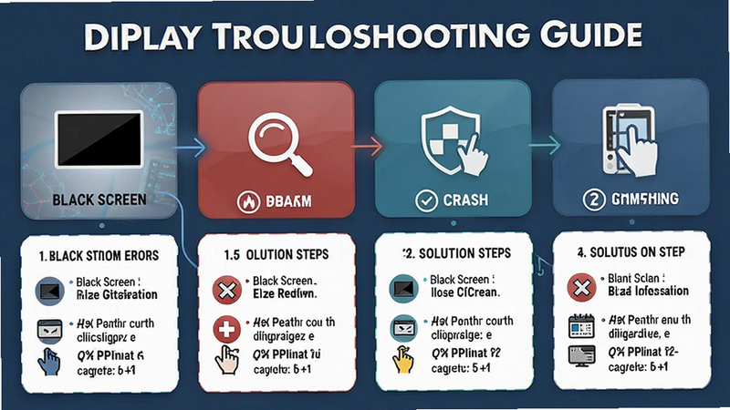 DiPlay troubleshooting guide, icons representing common errors like black screen or crash, solution steps illustrated, clean infographic style
