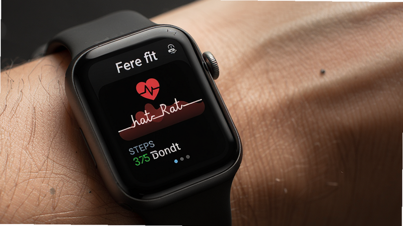 Fere fit app interface with a smartwatch showing heart rate and step count, clean UI design, modern tech style, high resolution, text