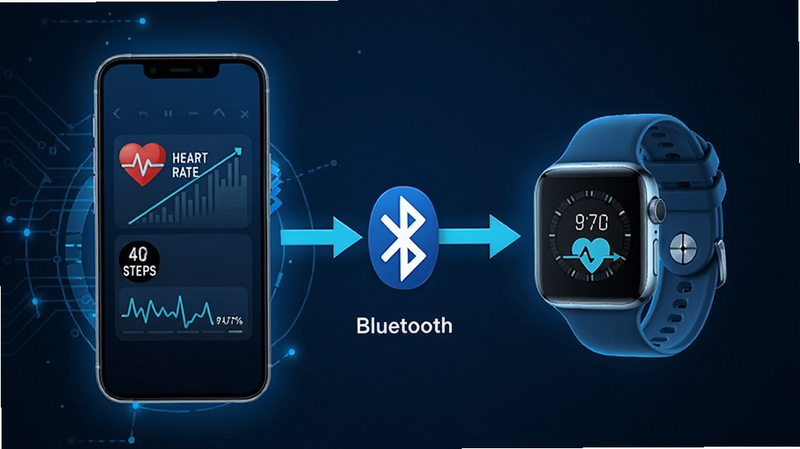 Fere fit data synchronization diagram, smartphone connecting to smartwatch via Bluetooth, visualizing health metrics like heart rate and steps, tech blue tones