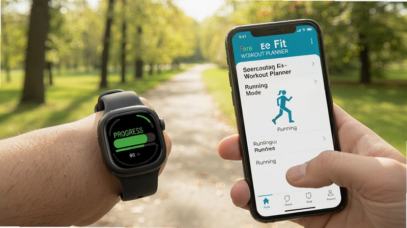 Fere fit workout planner, user selecting running mode on phone screen, smartwatch displaying progress bar, outdoor scene