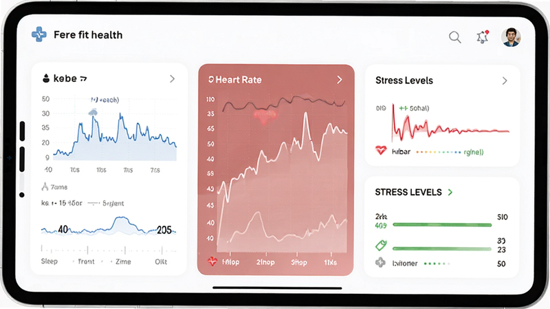 Fere fit health dashboard showing sleep cycles, heart rate graphs, and stress levels, minimalist medical UI, white background