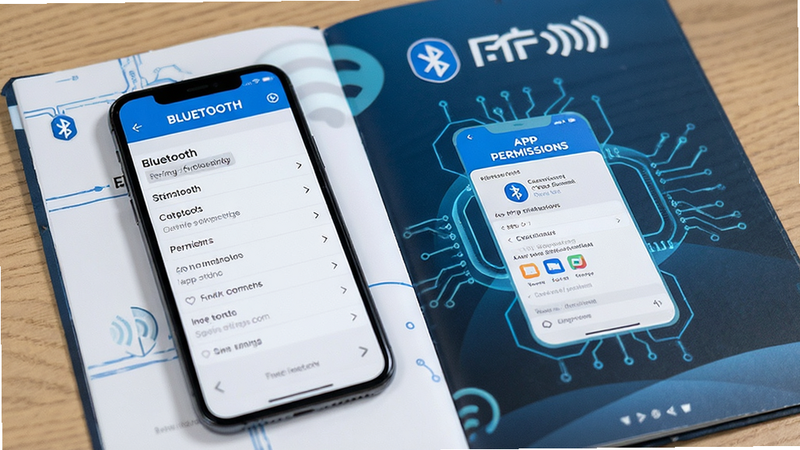 Fere fit troubleshooting guide, smartphone showing Bluetooth settings and app permissions, clean tech illustration