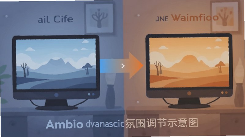 Ambio动态氛围调节示意图,左侧显示冷色调屏幕,右侧显示暖色调屏幕,中间有渐变箭头,扁平化设计,温馨氛围