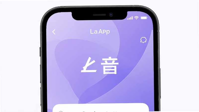 主体为手机屏幕特写,显示兰音APP界面,布局清晰简洁,排版居中,风格为现代极简科技风,细节包括柔和的紫色渐变背景与白色字体,画质高清,干净,无多余元素