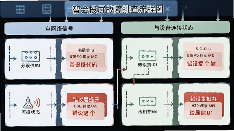 智会投屏故障排查流程图,主体为网络信号与设备连接状态,布局逻辑清晰,排版结构化,风格信息图表,细节包含错误代码提示,画质干净无噪点