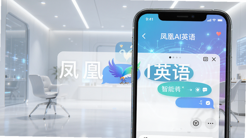 凤凰AI英语 app界面展示,手机屏幕显示智能对话窗口,背景为现代简约风格,文字