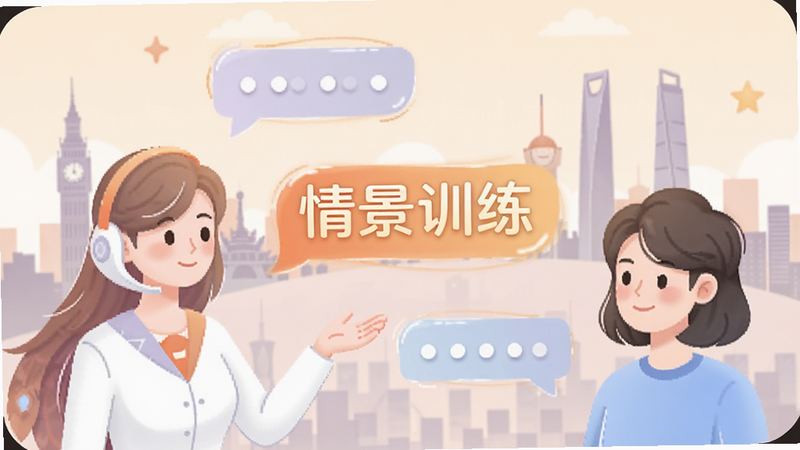 凤凰AI英语 应用场景插画,虚拟助手与用户对话气泡,背景为城市地标剪影,文字