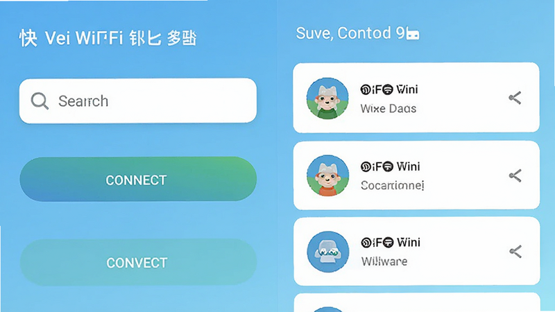 快连WiFi钥匙应用主界面截图,展示简洁的UI设计,包含搜索栏、连接按钮和已保存的WiFi列表,风格为扁平化现代设计,背景为浅蓝色渐变,文字清晰可读,分辨率1920x1080,无多余元素