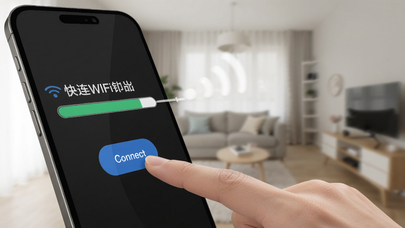 快连WiFi钥匙一键连接演示图,手指点击屏幕上的“Connect”按钮,进度条快速填满,背景为模糊的室内环境,突出速度感