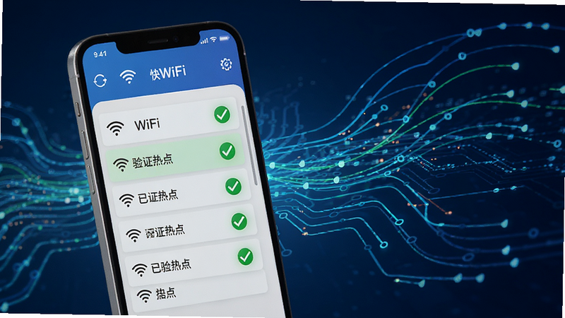 快连WiFi钥匙智能识别示意图,手机屏幕显示正在扫描附近的WiFi网络,列表中带有绿色对勾标记表示已验证的热点,背景为科技感十足的数据流线条,风格简洁明快
