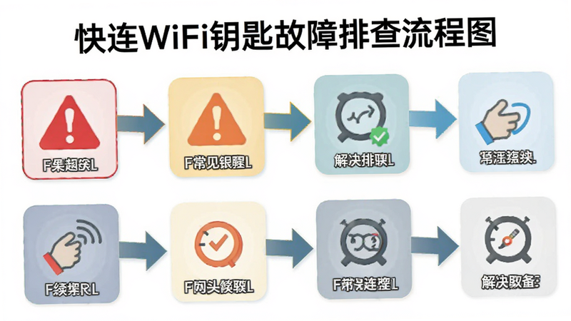 快连WiFi钥匙故障排查流程图,展示常见错误图标与解决步骤箭头,风格为信息图表