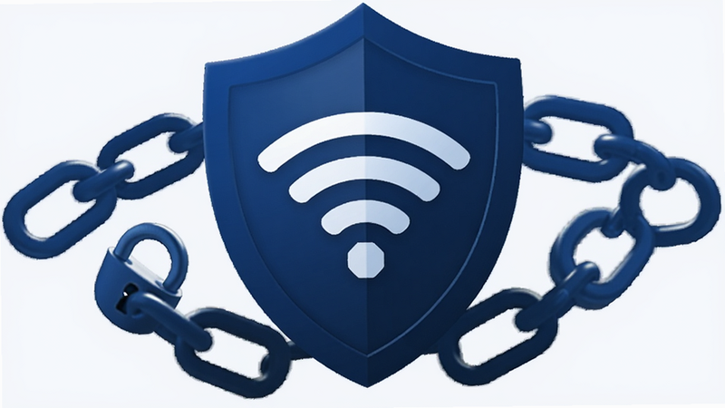 快连WiFi钥匙隐私保护图标展示,盾牌形状包裹着WiFi符号,周围环绕着锁链图案,风格为安全软件常见的深蓝色调