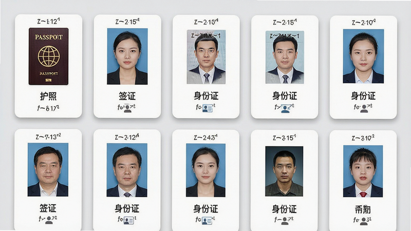 七彩证件照 尺寸模板列表界面,展示网格状排列的各种证件照规格缩略图,如“护照”、“签证”、“身份证”等标签清晰可见。背景为浅灰色,每个卡片带有轻微阴影效果,体现层次感。风格为实用主义UI设计,排版整齐,细节包括尺寸标注文字和对应图标,画质干净,无冗余元素。
