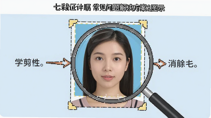 七彩证件照 常见问题解决方案图示,展示用户如何调整裁剪框以消除边缘残留。画面中有一个放大镜聚焦于证件照边缘细节,旁边有箭头指示调整方向。风格为教学式图解,线条清晰,标注文字简洁,背景为浅蓝色,画质干净,无多余装饰。