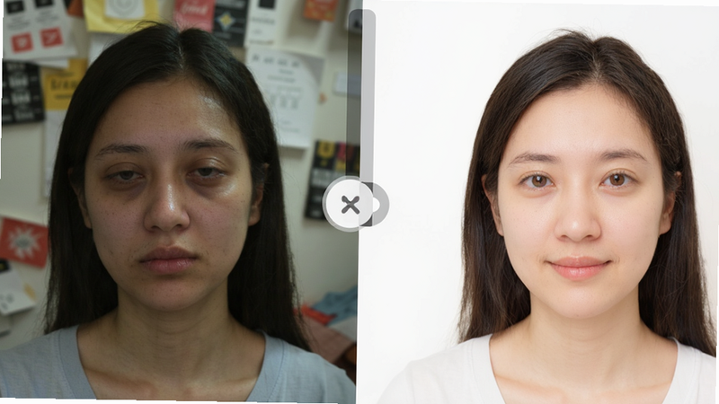 七彩证件照 换底与美颜对比展示,左侧为原始照片背景杂乱且略显疲惫,右侧为处理后的白底、明亮清晰版本。中间有滑动对比效果示意。风格为生活化摄影与数字编辑结合,光线柔和,人物表情自然,细节突出皮肤纹理和色彩校正过程,画质高,无多余水印或干扰元素。