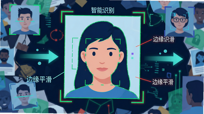 七彩证件照 AI抠图算法示意图,展示从杂乱背景中提取清晰人像的过程。画面中心是一个正在被自动裁剪的人像轮廓,周围有绿色和红色的检测线框。风格为科技感强的扁平插画,色调以冷色系为主,强调算法的精准性和高效性,画质高清,细节丰富,文字标签如“智能识别”、“边缘平滑”以简洁字体呈现。