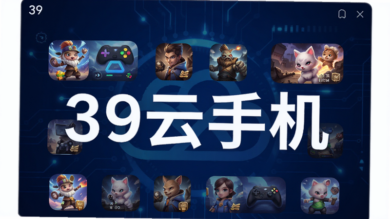 39云手机应用界面展示,主体为云端虚拟桌面布局,包含多个正在运行的游戏图标,背景为深蓝色科技感风格,文字