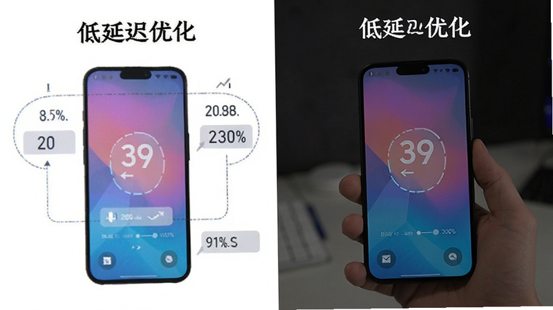 39云手机画质对比图,主体为左右分屏展示低延迟优化前后效果,文字