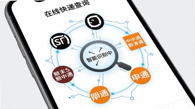 手机屏幕展示“在线快递查询”的快递识别界面,中间有一个放大镜图标,周围环绕着顺丰、中通、圆通、申通等快递公司的Logo,呈环形排列,中心文字显示“智能识别中”,背景为白色,科技感线条连接各个Logo,高清,干净,无多余元素