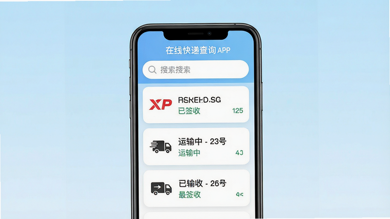 手机屏幕中央显示“在线快递查询”APP界面,背景为干净的浅蓝色渐变。主界面顶部有搜索框,下方列出三条最新的快递物流状态卡片,包含快递公司Logo、单号及最新状态文字如“已签收”、“运输中”。界面风格极简扁平化,色彩清新,无多余装饰元素,高清,无水印