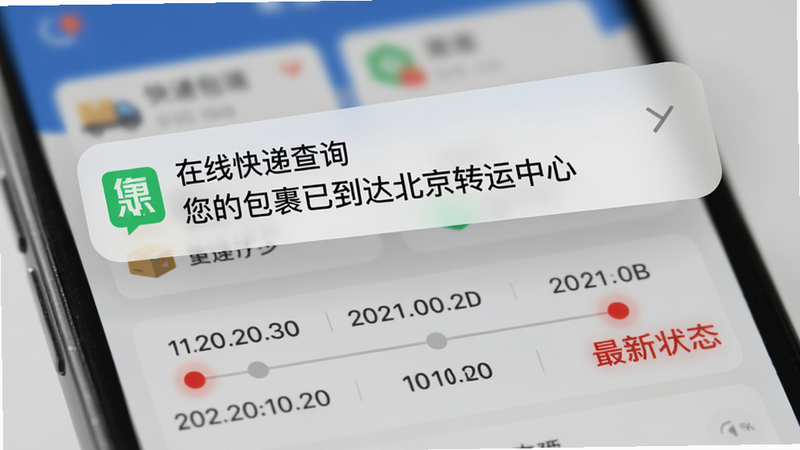 手机通知栏弹出“在线快递查询”的通知消息,内容为“您的包裹已到达北京转运中心”,背景为模糊的APP主界面,突出通知的及时性。界面下方显示详细的时间轴物流节点,红色高亮显示最新状态。风格现代,光影柔和,高清,无多余元素