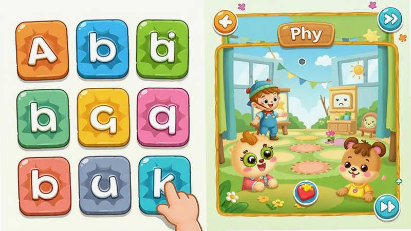 幼儿园拼音app界面展示,左侧显示卡通声母字母卡片,右侧显示拼读游戏场景,明亮色彩,儿童风格,高清画质