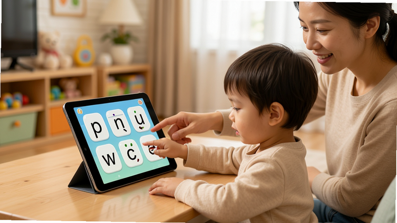 幼儿园拼音app使用场景,家长指导孩子使用平板电脑学习拼音,温馨家庭氛围