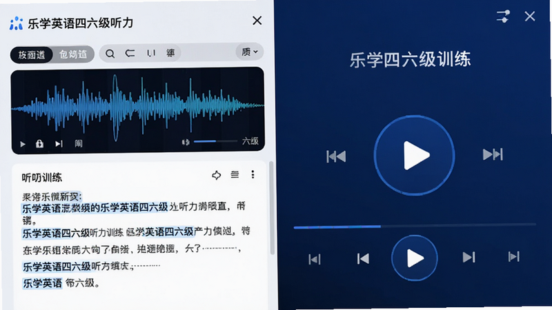 乐学英语四六级 听力训练界面,展示音频波形图与文本对照,主体为深蓝色播放控件,布局左右分栏,排版紧凑,风格科技感,细节包括高亮关键词,画质高清干净无多余元素