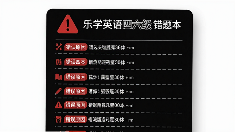 乐学英语四六级 错题本列表,主体为红色警示图标与白色列表,布局纵向排列,排版清晰,风格实用主义,细节包括错误原因标签,画质高清干净无多余元素
