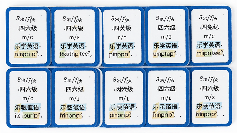 乐学英语四六级 单词记忆卡片,主体为白色卡片带蓝色边框,布局网格状,排版整齐,风格极简,细节包括音标符号和例句高亮,画质高清干净无多余元素