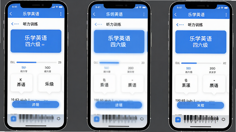 乐学英语四六级 app界面截图,手机屏幕显示听力训练模块,背景为简约白色,主体为蓝色按钮和白色文字,布局清晰,排版现代,风格扁平化,细节包括进度条和单词卡片,画质高清干净无多余元素