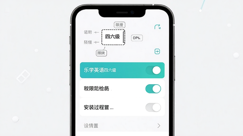 乐学英语四六级 安装过程示意图,主体为手机设置菜单,布局纵向,排版简洁,风格现代,细节包括权限开关高亮,画质高清干净无多余元素
