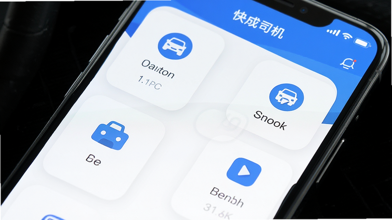 建龙快成司机app界面展示,蓝色调UI设计,简洁图标排列,手机屏幕特写,现代扁平风格,高清画质