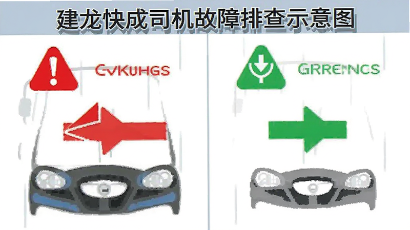 建龙快成司机故障排查示意图,红色警告图标与绿色修复箭头对比,简洁矢量风格
