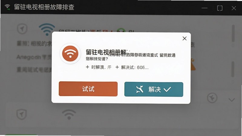 留驻电视相册故障排查界面,主体为错误提示对话框与解决按钮,布局居中醒目,排版采用警示风格,细节展示Wi-Fi图标与重试选项,画质清晰干净无多余元素