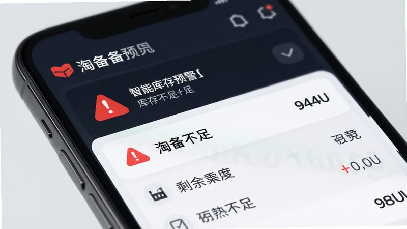 淘备备智能库存预警界面,红色警示图标,库存不足列表,手机屏幕特写,清晰显示剩余数量,现代UI设计,无多余元素