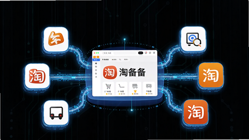 淘备备多平台同步功能示意图,展示不同电商平台图标汇聚到中央