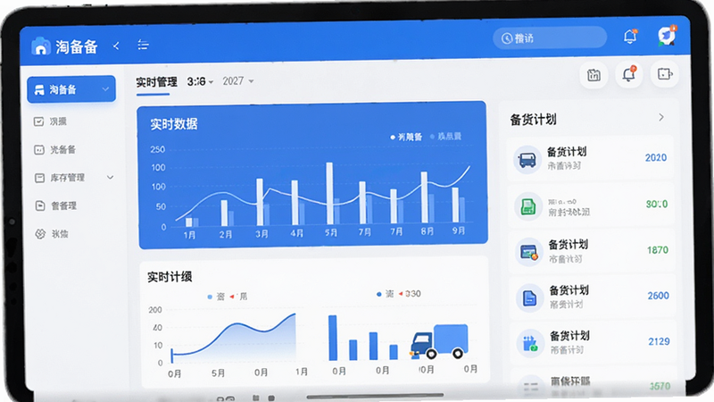淘备备APP界面展示,包含库存管理仪表盘、实时数据图表、备货计划列表,现代扁平设计风格,简洁直观,蓝色调为主,文字显示
