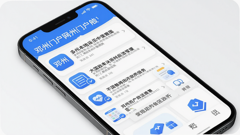 邓州门户网App界面展示,主体为手机屏幕显示邓州本地新闻列表和政务服务入口,布局简洁清晰,排版现代扁平风格,细节包含蓝色调主题图标和白色背景,画质高清干净无多余元素