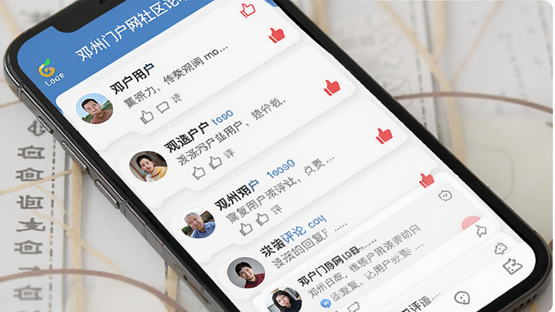 邓州门户网社区论坛界面,主体为手机屏幕显示用户帖子列表和评论回复区,布局采用瀑布流样式,排版灵活多样,风格亲切自然,细节包含头像圆形边框和点赞图标,画质高清干净无多余元素