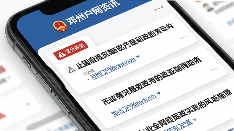 邓州门户网政务资讯页面,主体为手机界面展示政府新闻标题列表,布局采用卡片式排列,排版整齐有序,风格严谨专业,细节包含红色警示标识和蓝色链接文字,画质清晰干净无多余元素