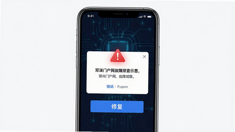 邓州门户网故障排查示意,主体为手机屏幕显示错误提示弹窗和修复按钮,布局居中对称,排版简洁明了,风格科技感,细节包含红色警告符号和蓝色确认按钮,画质干净无多余元素