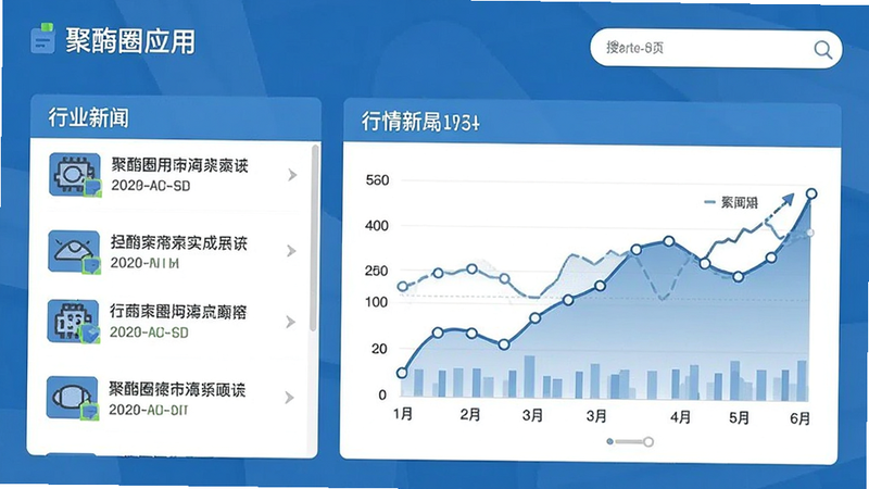 聚酯圈应用界面展示,包含行业新闻列表、行情图表和搜索栏,蓝色调设计,现代扁平风格,清晰易读,无多余元素