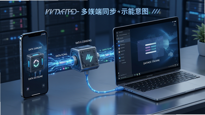 聚酯圈多端同步功能示意图,手机与电脑连接,数据流同步,科技感风格