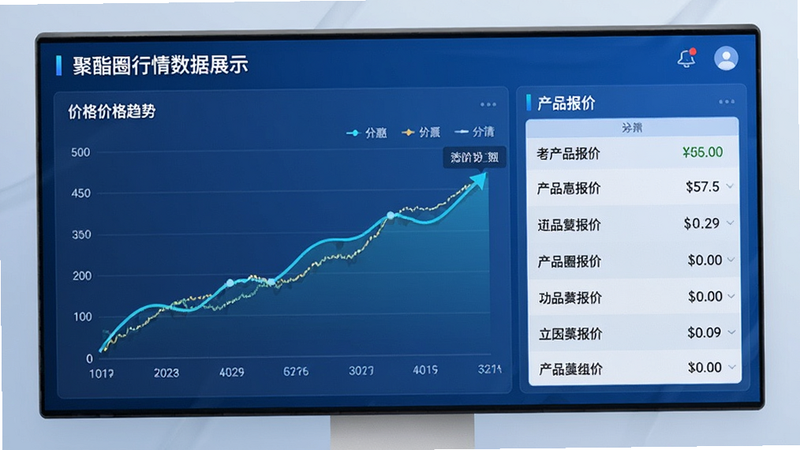 聚酯圈行情数据展示界面,图表显示价格趋势,列表显示不同产品报价,数据清晰,蓝色背景,现代UI风格